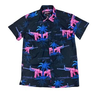Retro Rifle The Palm Button Up Shirt Short Sleeve Palm Trees Guns Black/Pink/Blu